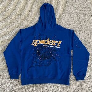 Sp5der TC Blue Sp*der! Logo Pullover Hoodie for Men Size Large